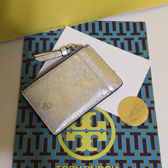 !!2PCS!! Tory Burch Metallic Silver Crossbody Bag & Card Case - Picture 9 of 11